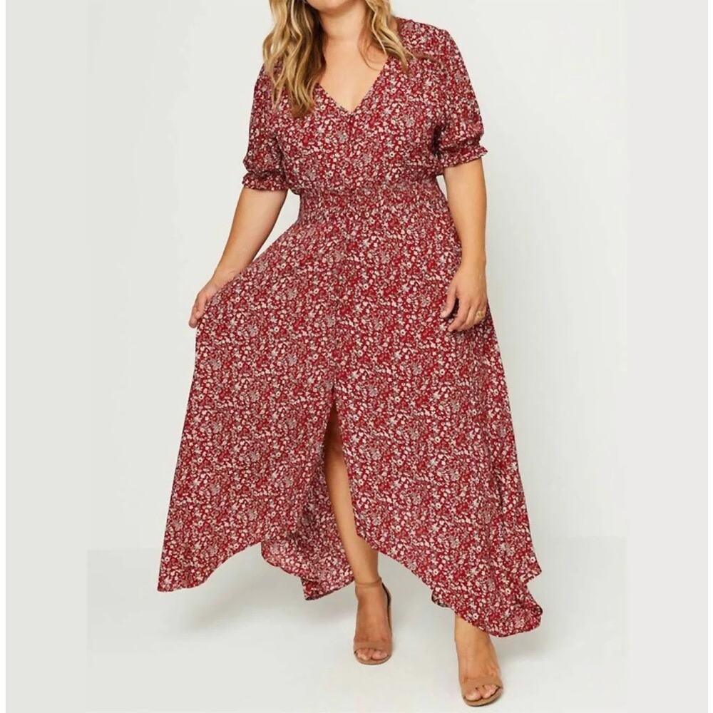 Hayden LA Floral Ruched Waist Maxi Dress Red Cottagecore Size Medium